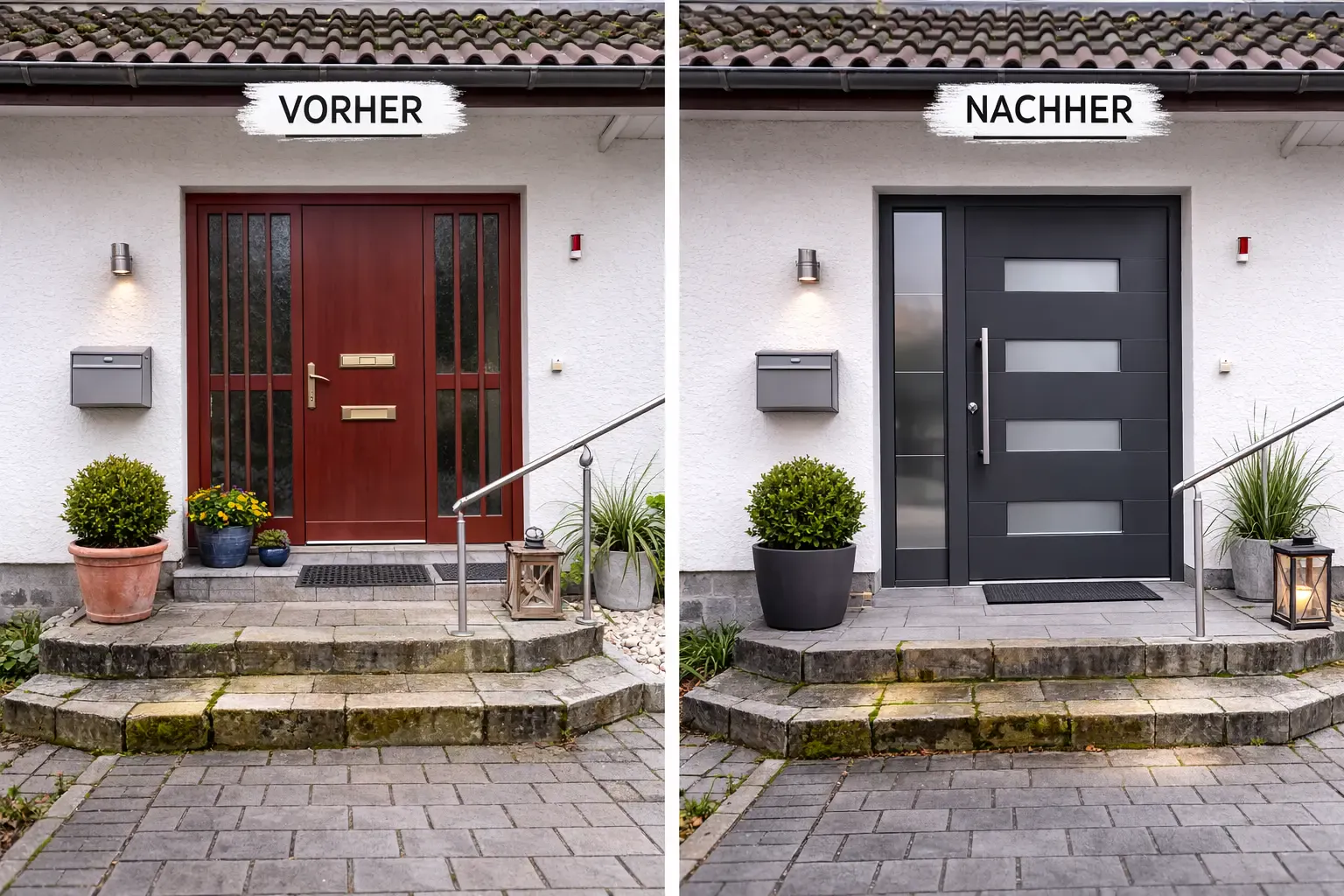 Haustür vor und nach einem Austausch