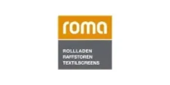 Logo mit orangefarbenem "roma" Schriftzug und grauem Kasten darunter mit "ROLLLADEN RAFFSTOREN TEXTILSCREENS".