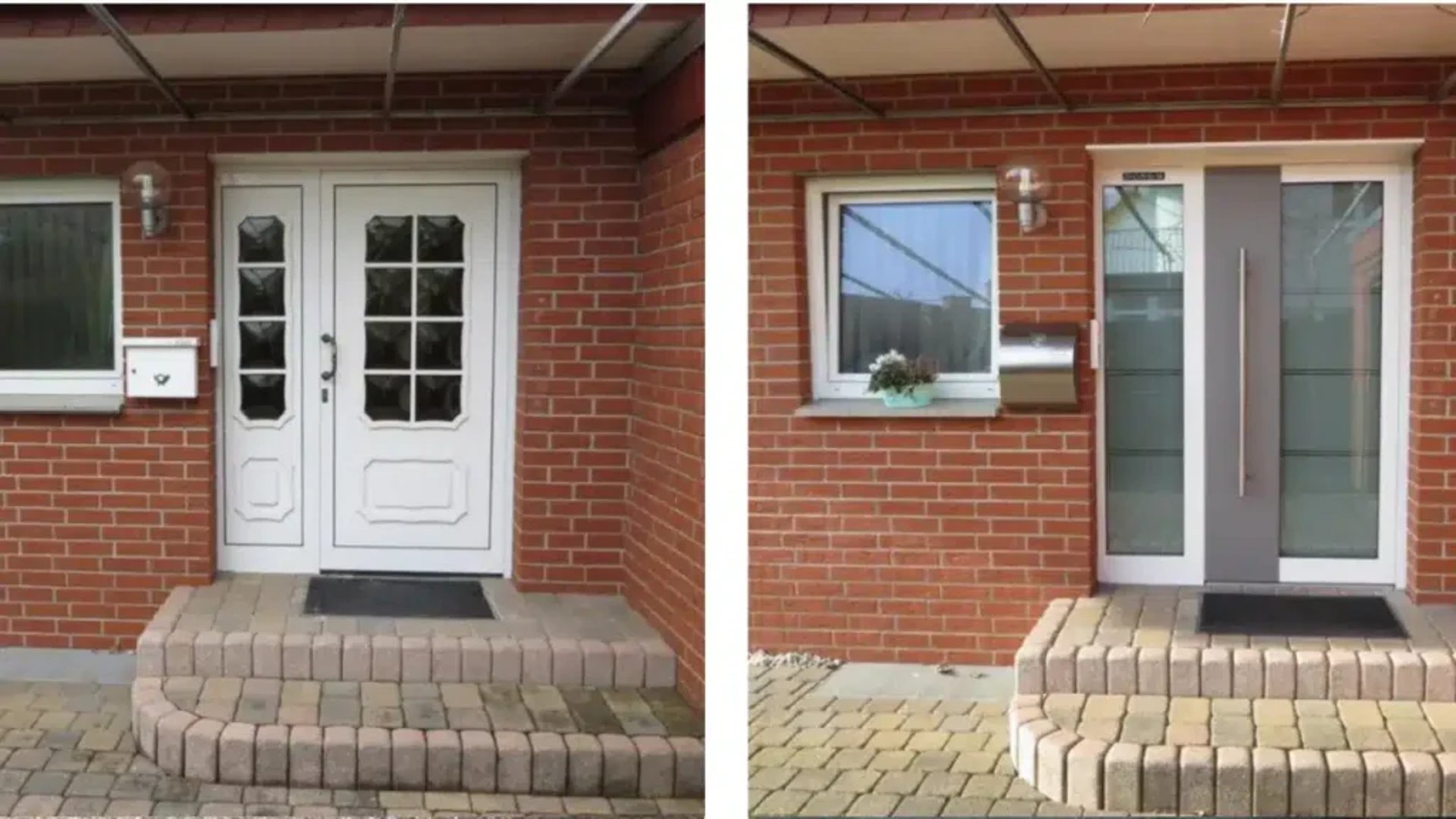 Vorher-Nachher: weiße Doppeltür mit Fenstern, danach moderne graue Tür mit Glas