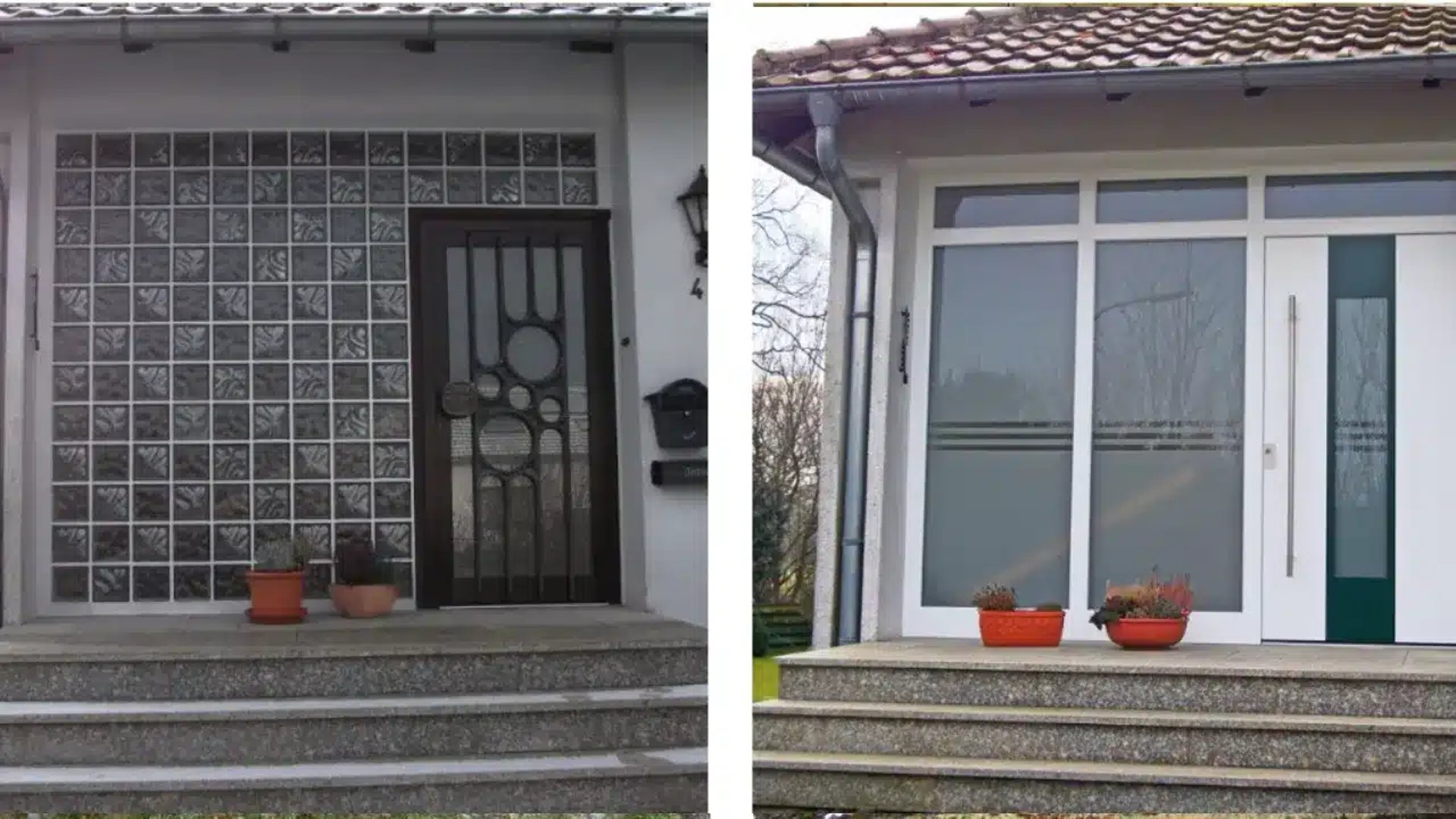 Vorher-Nachher: dunkle Haustür mit Glasbausteinwand, danach moderne weiße Haustür
